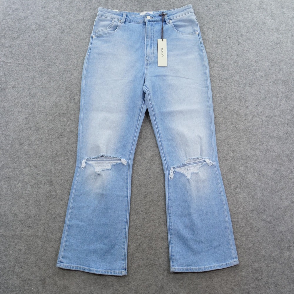 Rollas Dusters Jeans Womens 30 Blue Bootcut Crop High Rise Distressed Light New